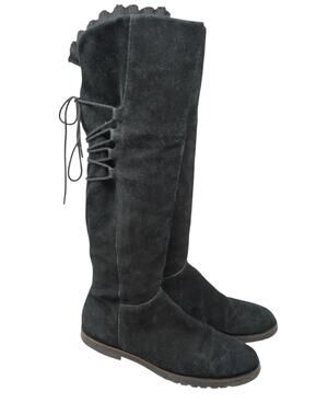 Lands’ End Black Suede Knee High Lace Up Winter Riding Boots Women’s Size 6B